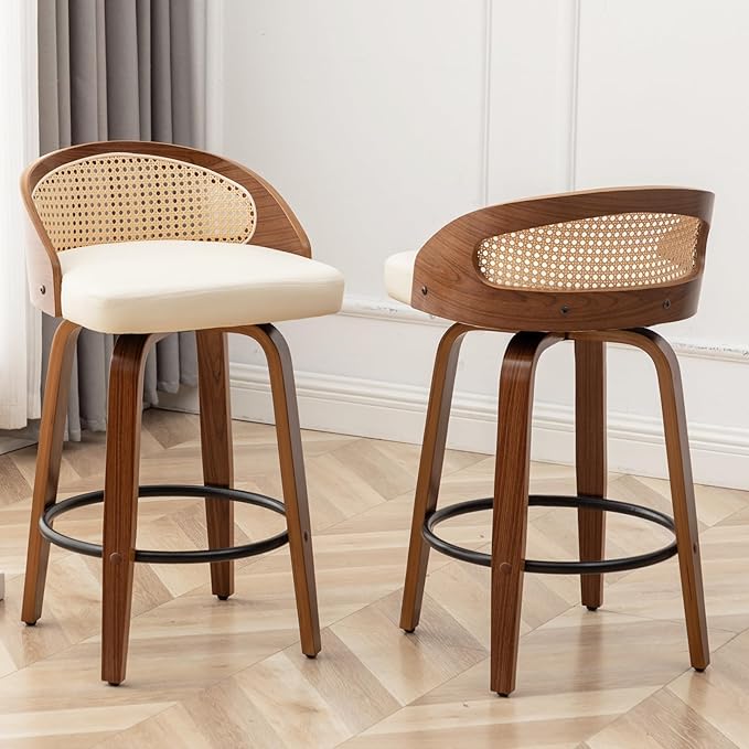 30" Swivel Rattan Bar Stools Set of 2,Mid-Century Modern Faux Leather Upholstered Bar Height Stools,Kitchen Island Barstool with Rattan Low Backrest,Walnut Wood Finish Bar Chairs,Beige PU