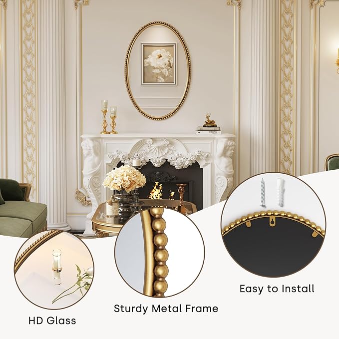 Uniclinens Gold Oval Beaded Mirror Decor - Large Decorative Vintage Oval Mirror for Wall Decor 24"X36" with Metal Frame, Ideal for Entryway, Fireplace, Living Room, Hallway, Bathroom