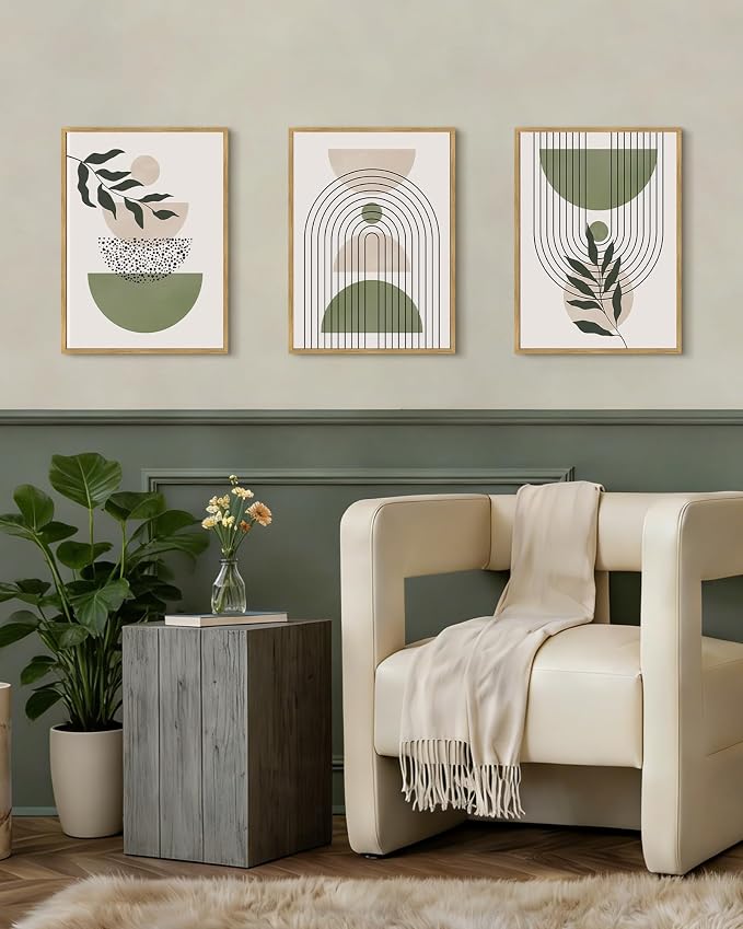 Drsoum Green Botanical Boho Wall Art Framed Modern Sage Bohemian Plant Wall Decor Abstract Geometry Lines Prints Ready to Hang 11x14in Natural Framed