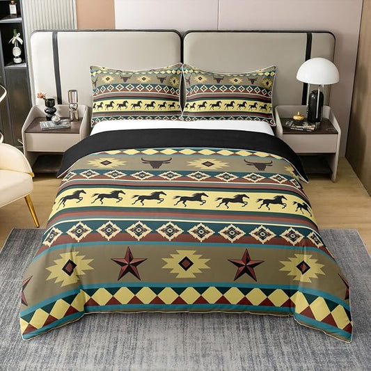 100% Cotton Horse Duvet Cover Queen Texas Star Bedding Set Aztec American Southwestern Bull Skull Comforter Cover Green Blue Abstract Geometric Native Tribal Room Decor Quilt Cover for Teens