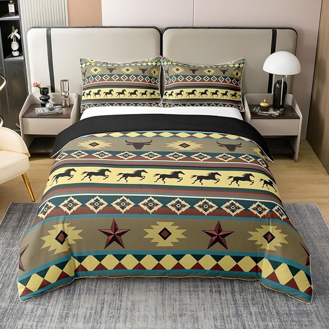 100% Cotton Horse Duvet Cover Full Texas Star Bedding Set Aztec American Southwestern Bull Skull Comforter Cover Green Blue Abstract Geometric Native Tribal Room Decor Quilt Cover for Teens