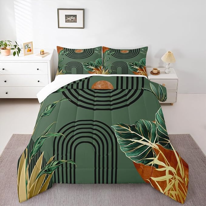 Erosebridal Mid Century Green Toddler Comforter Set Boho Minimalist Aesthetic Bedding Set Modern Plant Botanical Palm Leaf Comforter for Kids Boys Girls Abstract Retro Geometric Neutral Quilt Duvet