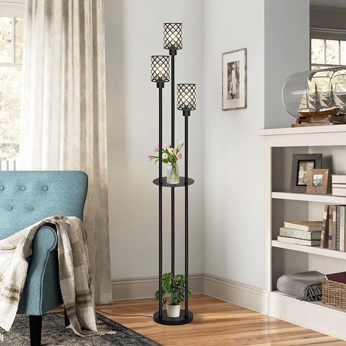 Gold Floor Lamps for Living Room, Standing Floor Lamp with shelves, Tall Lamp with Table, Modern Mid Century Floor Lamp with E26 Base, Coner Crystal Floor Light for Bedroom (Without Bulb) (Black)