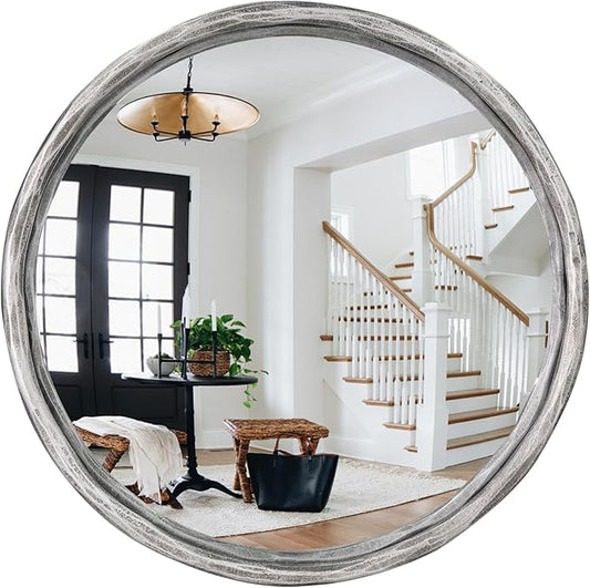 12" Antique Silver Round Convex Mirror, Small Circle Wall Mirror with Thick Metal Framed, Hand-Forged Round Decorative Wall Mirrors for Bathroom, Vanity