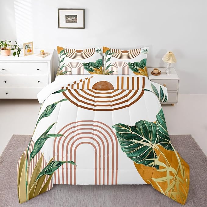 Erosebridal Mid Century Boho Bedding Set Twin Simple Retro Tropical Palm Leaf Comforter Set Orange Pink Sun Arch Minimalist Down Comforter for Teenager Geometric Abstract Line Bed Set Bedroom Decor