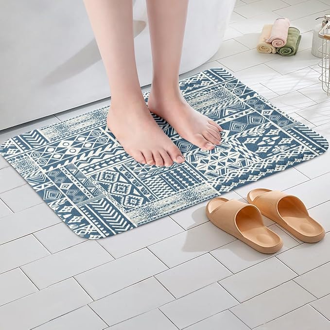 Feelyou Boho Bath Rugs 20"x32" Bohemian Aztec Bathroom Rugs Blue Traditional Exotic Tribal Bath Mats for Bathroom Women Men Girls Boys Soft Non Slip Boho Bathroom Accessoriess