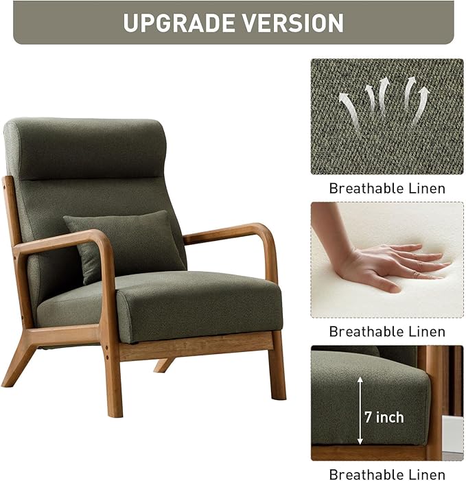 ANJ Mid Century Modern Accent Chair with High Back, Single Lounge Armchair with Solid Wood Frame, Comfy Reading Chair for Living Room, Easy Assembly