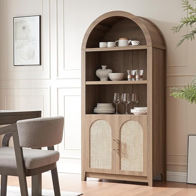 RowyPoey Rattan Arched Cabinet Bookshelf - 69.3” Tall Mid Century Display Cabinet, Rounded Bookcase with Rattan Doors, Open Shelf Storage for Dining Room (Caramel Oak, 2 PCS)