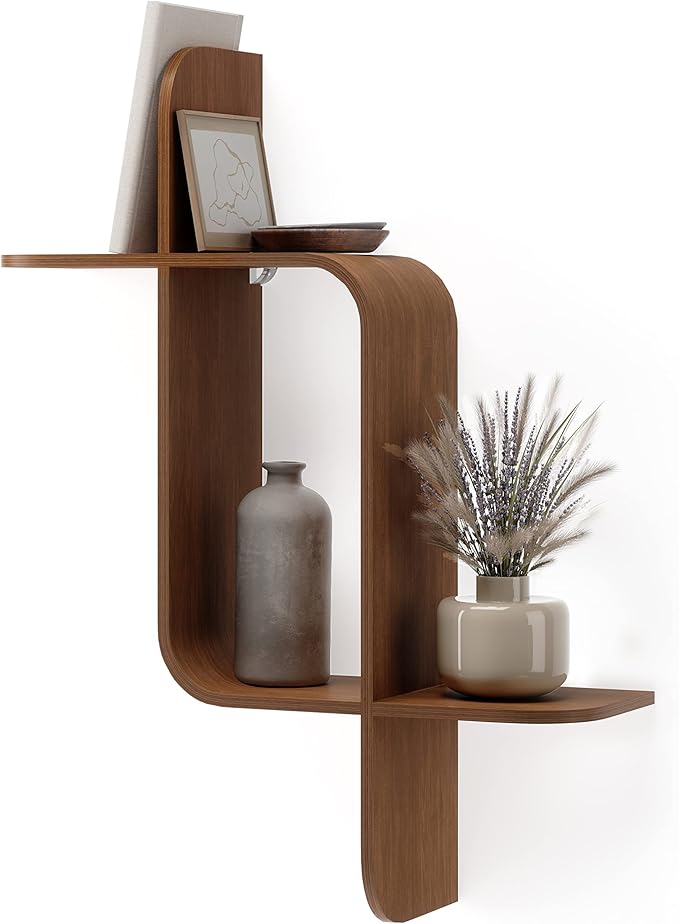 Umbra Montage Floating Wall Shelf Display Case, Made of Natural Bent Wood, Light Walnut