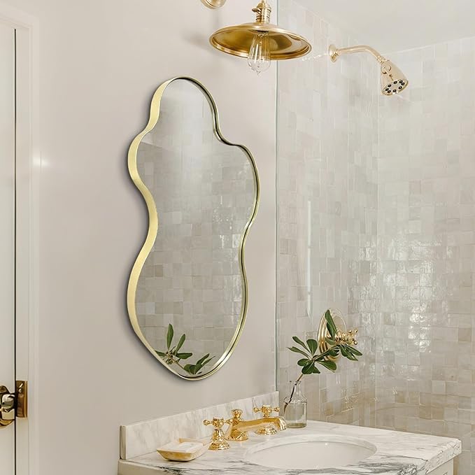 Irregular Mirror, 30"x18" Asymmetrical Mirror, Gold Metal Frame Abstract Wall Mirrors Decorative, Modern Odd Shaped Mirrors for Living Room Bathroom Bedroom Hallway Entryway Fireplace