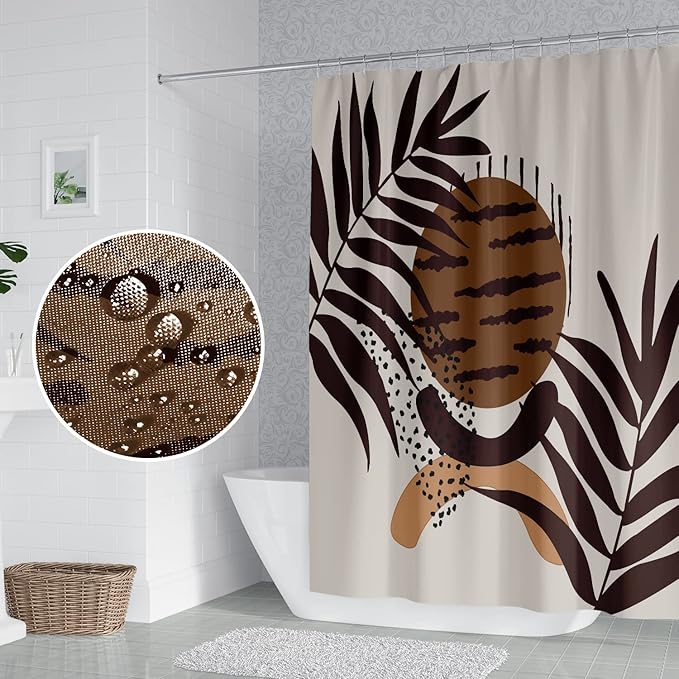 Mid Century Boho Shower Curtain 48x72 Inch Abstract Geometric Brown Plant Leaves Sun Modern Minimalist for Bathroom Decoration with Hooks Waterproof Polyester Fabric
