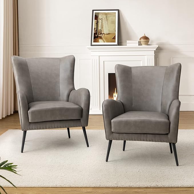 HULALA HOME Faux Leather Accent Chair Set of 2 with Removable Cushion, Comfy Upholstered Armchair with Metal Legs & Nailhead Trim Wingback Vanity Chair for Reading Living Room Bedroom, Grey