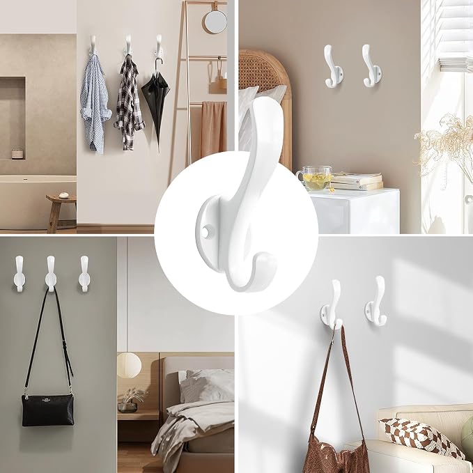 Coat Hooks Heavy Duty - Easy to Install Metal Towel Hooks Fashionable Wall Hooks for Hanging Hat, Towel, Key, Robe, Scarf, Bag, Cap (6 PCS White)