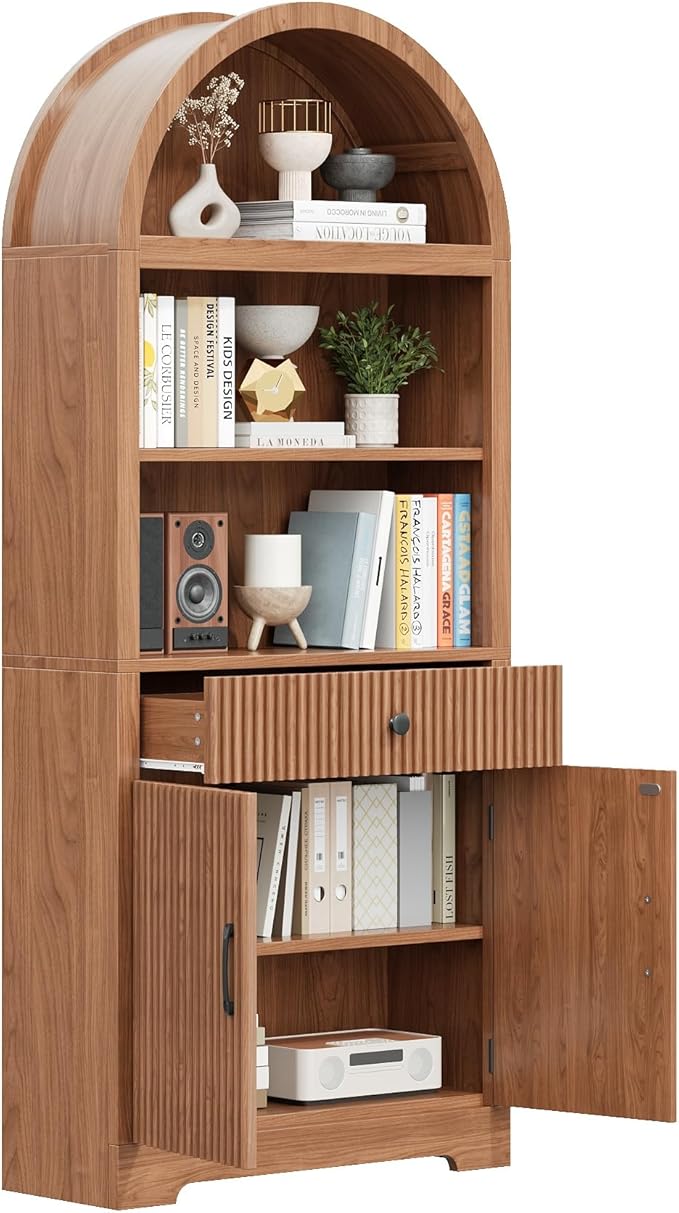 Farmhouse Arched Bookshelf, Mid-Century Modern 5-Tier Curved Cabinet with Door, Wooden Bathroom Storage Cabinet, Kitchen Pantry Cabinet for Living Room, Kitchen，Home Office, Walnut X2