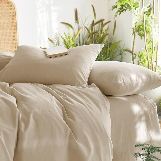Wake In Cloud - Cotton Duvet Cover Set, 100% Washed Cotton, Linen Like Textured, Breathable Durable Comfy Farmhouse Neutral Bedding Set, 3 Pieces, Khaki Linen, Twin/Twin XL Size