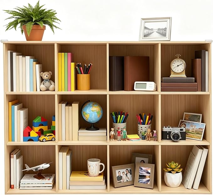12-Cube Pine Wood Storage Organizer, Solid Wooden Bookshelf with Back Panel, 11in Shelf Opening Bookcase, Freestanding for Living Room, Bedroom, Office (47.2 x 11.8 x 35.4in)