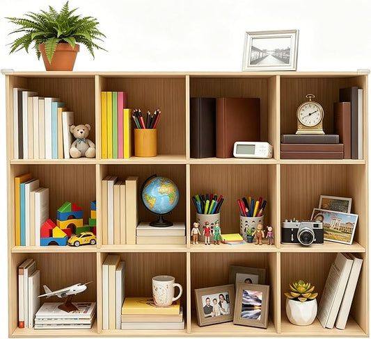12-Cube Pine Wood Storage Organizer, Solid Wooden Bookshelf with Back Panel, 11in Shelf Opening Bookcase, Freestanding for Living Room, Bedroom, Office (47.2 x 11.8 x 35.4in)