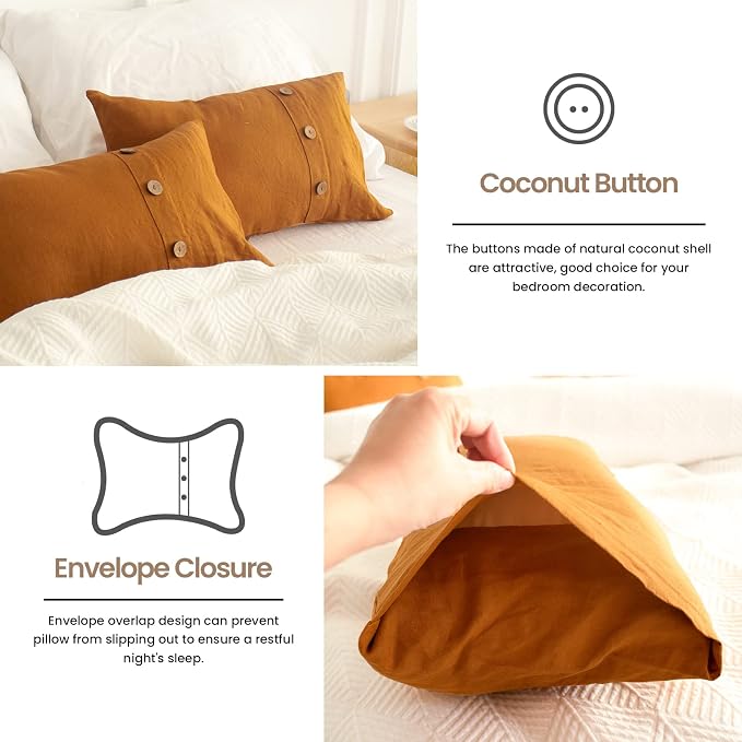 Simple&Opulence 100% Linen Lumbar Pillow Cover 12 x 20 Inch Set of 2 Rectangular Decorative Pillow Cover with Vintage Triple Coconut Button for Couch Sofa Bed Living Room Office Décor - Rust