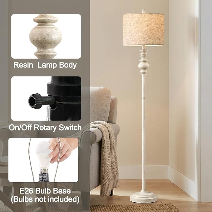 BOBOMOMO 64.25" Farmhouse Floor Lamp for Living Room, Tall Antique White Standing Lamp with Rotary Switch, Vintage Reading Lamp for Bedroom & Nursery, Rustic Home Decor Corner Lamp