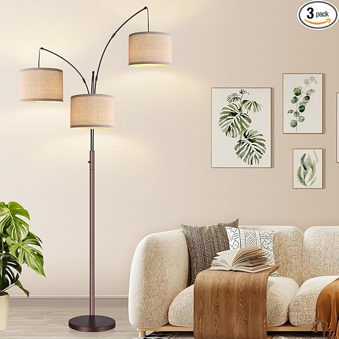 Dimmable Floor Lamp, 3 Lights Brown Arc Floor Lamp, Modern Tall Standing Tree Lamp with Beige Linen Shades & Heavy Base, 3000LM LED Bulbs, Bright Lighting for Living Room, Bedroom, Office & Reading