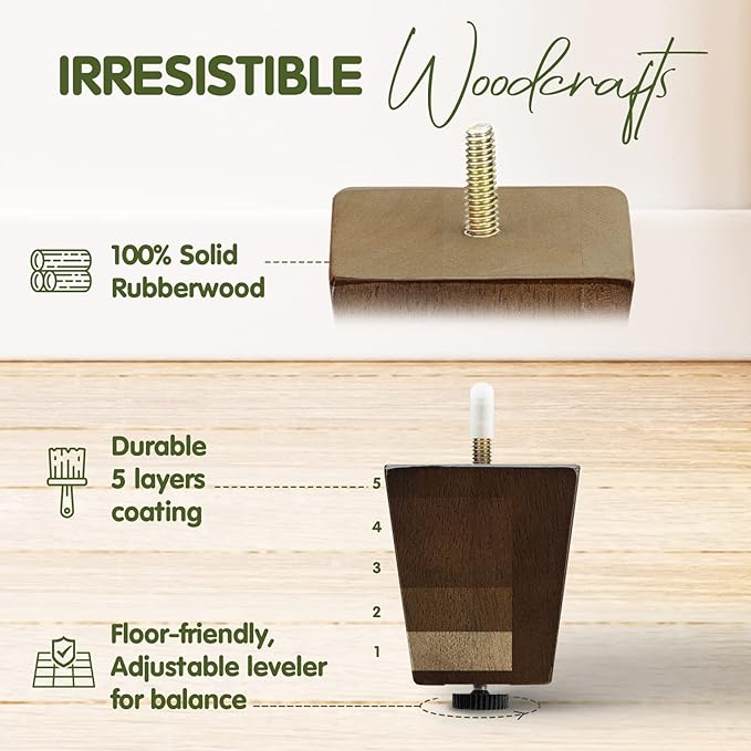 Yes4All 3 Inches Square Wood Furniture Legs Set of 4 - Wooden Replacement Feet for Couch - Adjustable Sofa, Ottomans Tapered Leg with Leveler - Brown Solid Wood Parts for Table, Chair