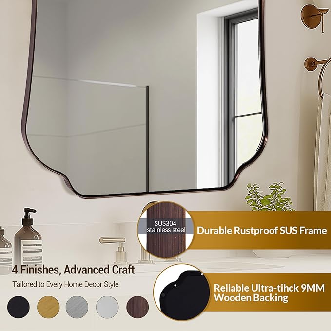 ANDY STAR Bronze Bathroom Mirror 30x40 Inches, Large Farmhouse Scalloped Wall Mirror with Vintage Charm, Stainless Steel Frame for Hallway, Lounge and Vanity Area