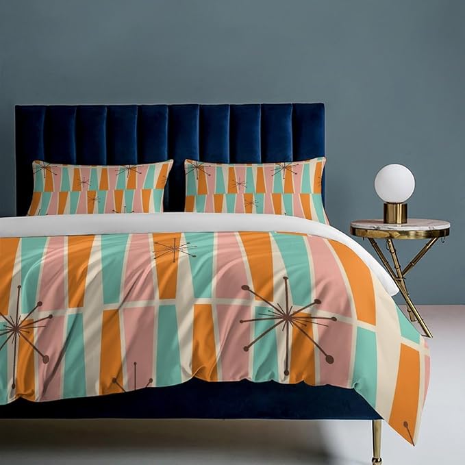Modern Mid Century Duvet Cover Queen Retro Atomic Bedding Set, Rainbow Grid Comforter Cover Vintage Fifties 1950s Bed Set，Abstract Art Bedding 3 Piece (1 Duvet Cover 90"x90" + 2 Pillow Sham 20"x30")