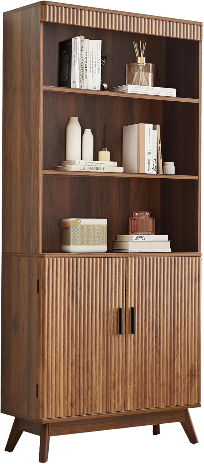 68" Fluted Tall Bookcase with Storage Cabinet,Mid-Century Modern 5-Tiers Arched Bookshelf Cabinet with Doors, Arched Bookcase with Open Display Storage Shelf for Home Office Bedroom Living Room,Walnut