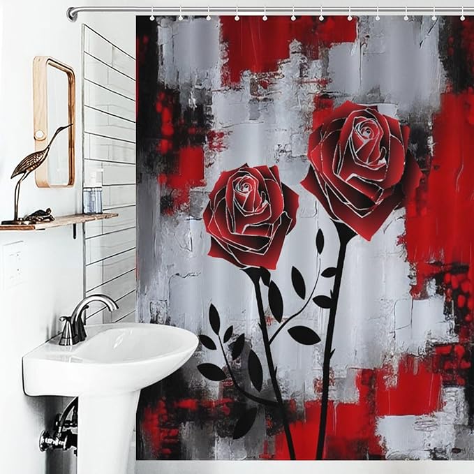 Red Rose Abstract Shower Curtain Nature Red Rose Floral Valentine's Day Artistic Waterproof Shower Curtains for Bathroom Decor 12 Pack Hooks 55x72in（140x183cm）