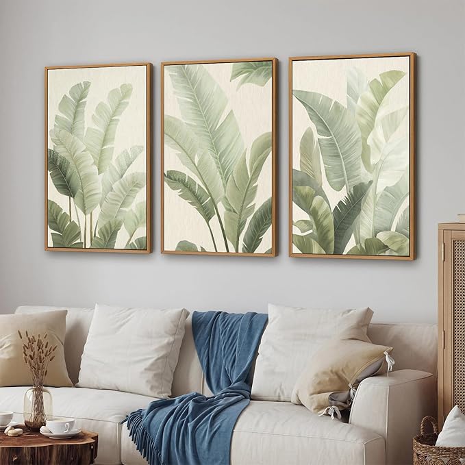 Rantodecor Sage Green Framed Canvas Wall Art, Minimalist Tropical Leaf Wall Decor, Boho Beige Nature Leaf Art Paintings, Bohemian Triple Panel Plant Artwork for Bedroom Living Room Office 16"x24"x3