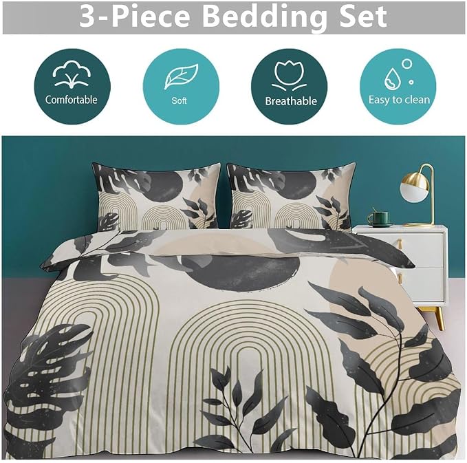 Mid Century Leaf Bedding Set,Boho Grey Tropical Plant Palm Leaves Abstract Minimalist Geometic Modern Comforter Set with Pillowcase for Bedroom Bed Decor,King 102"x90"