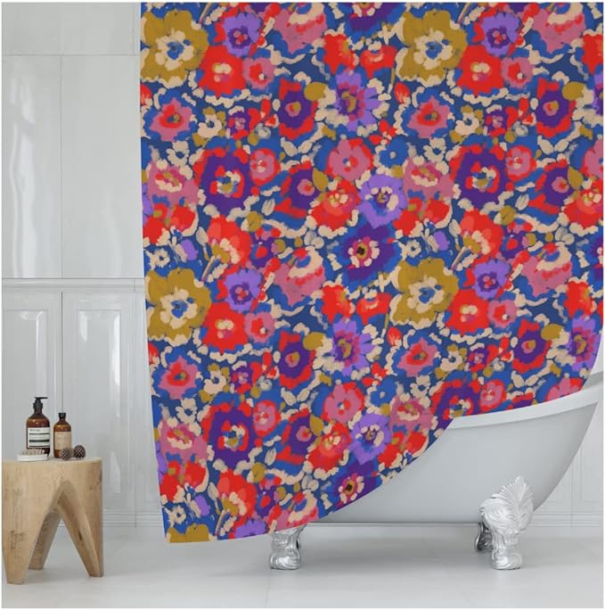 Red Blue Purple Floral Print Shower Curtain - Impressionist Watercolor Flowers Pattern - Country Farmhouse Design - Pretty Summer Fabric Shower Curtain For Any Bathroom - 72x72 Inches (Red Floral)