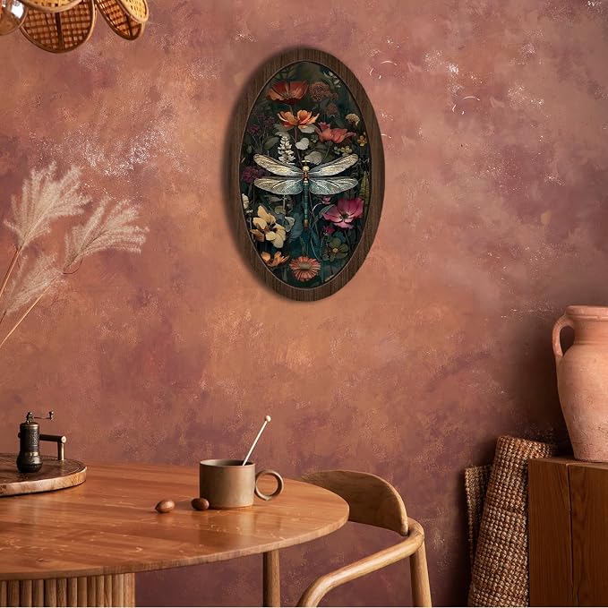 UYIKG Vintage Dragonfly Wall Art Decor,Dragonfly Floral William Morris Oval Wall Decor, Rustic Farmhouse Cottagecore Wooden Framed Wall Decorations for Theme Room Home Bedroom Living Room 9x14.6 in