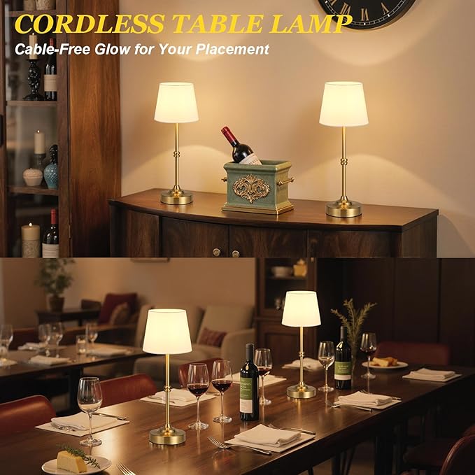 Kakanuo Rechargeable Cordless Table Lamp Gold - 1 Pack Brass 4000mAh Battery Operated Lamp, 3000K Warm Light, Touch Control Stepless Dimming, for Bedside, Dining Table, Home Decor