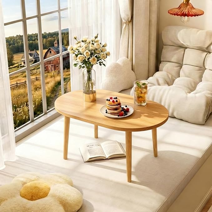 Oval Coffee Table Low Table with 4 Solid Wood Sturdy Legs,Floor Table Desk for Sitting on The Floor,19.7"D x 31.5"W x 16"H Inches,Living Room/Toy room Furniture,Rental house Furniture (Natural-Oval)