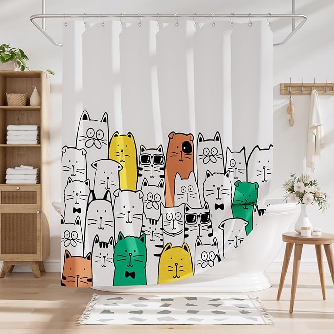 AmazerBath Shower Curtain, Washable Cute Kitty Carnival Cloth Shower Curtain Set with 12 Metal Hooks, Kawaii Waterproof Fabric Black and White Shower Curtain for Kids' Bathroom, 72x72 Inches