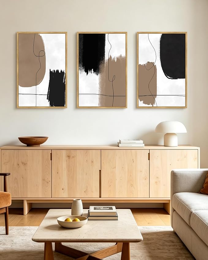 KUVIOKE Neutral Abstract Framed Wall Art Beige Mid Century Textured Wall Decor Minimalist Line Modern Illustrations Art Print Home Decor 24x36in (Natural Framed)