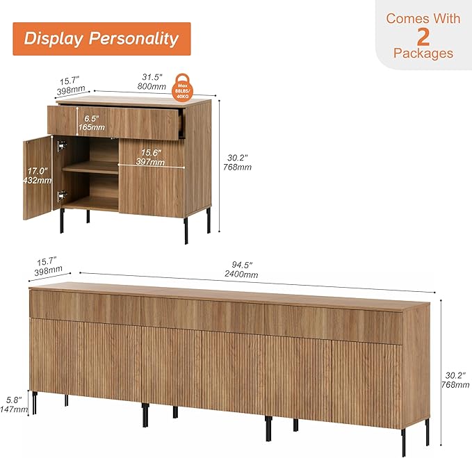 WAMPAT 94.5" W Large Sideboard Buffet Cabinet with Storage,3 in 1 Fluted Sideboard Buffet with 6 Doors, Wooden Buffet Table, Coffee Bar Wine Bar Cabinet for Dining Room, Living Room, Light Walnut