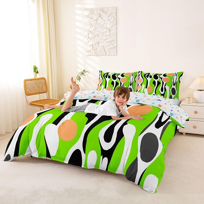 Erosebridal Organic Geometric Duvet Cover Set Modern Abstract Queen Bedding Set for Kids Teens Child Retro Mid Century Comforter Cover Modern Fluid Art Irregular Circles Bed Sets,Lime Green Peach