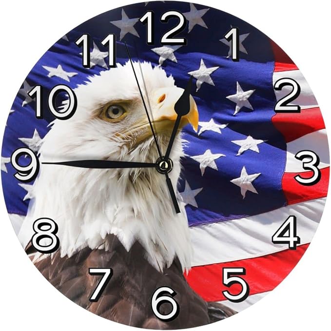 Patriotic Bald Eagle with American Flag Wall Clock Battery Operated Silent Round Clock Wall Decor for Home Office School, 12 Inch