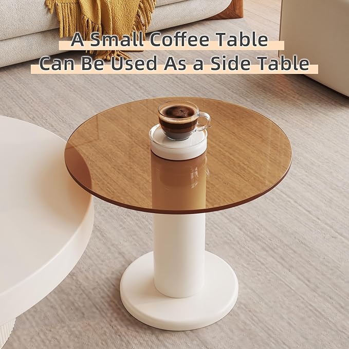 Nesting Coffee Table Set of 2, Round Shape Center & Small Tempered Glass Top Accent Side Table, Modern Home Decor Table Set for Living Room, Bedroom, Office