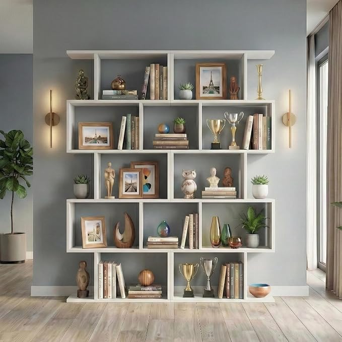 5-Tier Geometric Bookcase (Set of 2), 62.6" Tall S-Shaped Bookshelf & Room Divider, Modern White Freestanding Display Shelving Unit for Living Room, Hallway, Home Office