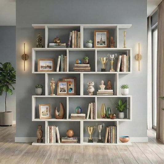 5-Tier Geometric Bookcase (Set of 2), 62.6" Tall S-Shaped Bookshelf & Room Divider, Modern White Freestanding Display Shelving Unit for Living Room, Hallway, Home Office
