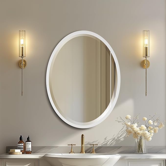 OVALCREST - Oval Wooden Beveled Wall Mirror for Home Decor, Bathroom, Vanity, Bedroom, Living Room, Hallway - London Style (Linen White) 31.1 x 25.1