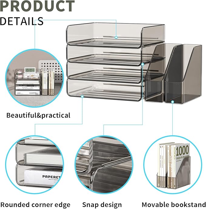 Acrylic Paper Organizer with Movable Bookends, 4-Tier Stackable Paper Tray for Desk, Brown Clear File & Letter Tray Organizer Office