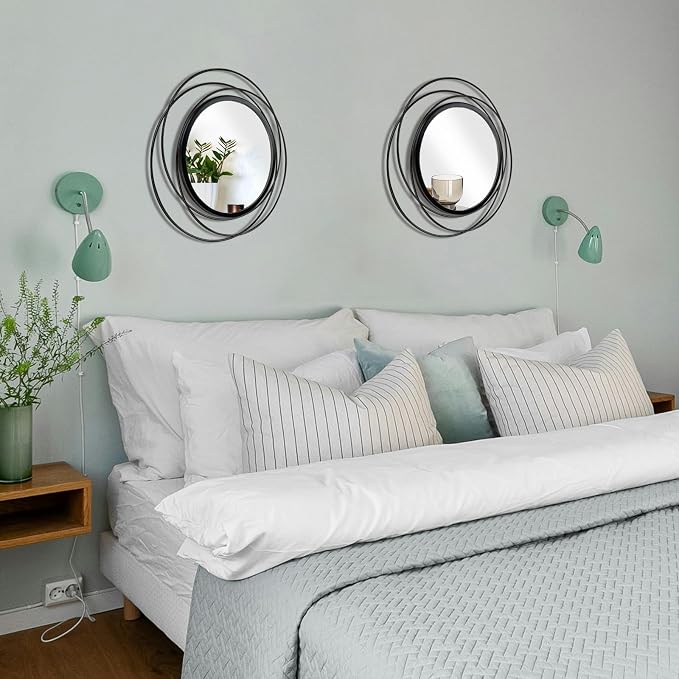 2 Set Circle Mirrors for Wall Decor for Living Room Bedroom Bathroom Entryway Metal Round Mirror Decorative Hanging Mirrors Sun Bohemian Geometric Accent Sculpture -Black 13 in