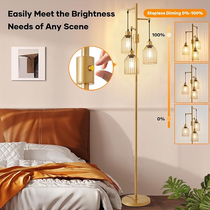 Dimmable Industrial Floor Lamp with 3 Cage Heads, 68.5" Gold Tree Standing Lamp with Stepless Dimming, Modern Farmhouse Tall Pole Light for Living Room, Bedroom, Office, E26 Base (Bulbs Included)