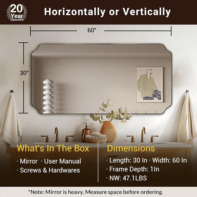 ANDY STAR 30"x60" Large Bathroom Mirror, Gold Scalloped Mirror for Bathroom, Brushed Brass Full Length Wall Mirror with Rust-Proof Stainless Steel Frame, Hangs Vertically or Horizontally