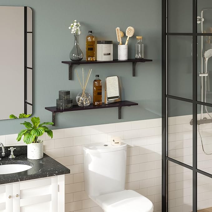 DINZI LVJ Long Wall Shelves, 23.6 Inch Wall Mounted Shelves Set of 2, Easy-to-Install, Wall Storage Ledges with Sturdy Metal Brackets for Living Room, Bathroom, Bedroom, Kitchen, Espresso