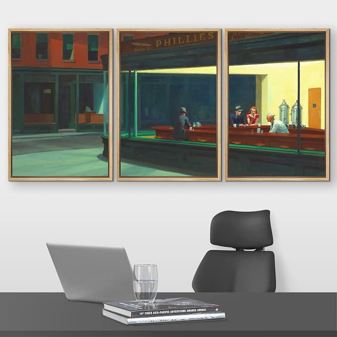 wall26 Framed Canvas Print Wall Art Set Nighthawks by Edward Hopper Cultural Historic Oil Painting Fine Art Reproduction Scenic Colorful for Living Room, Bedroom, Office - 24"x36"x3 Natural